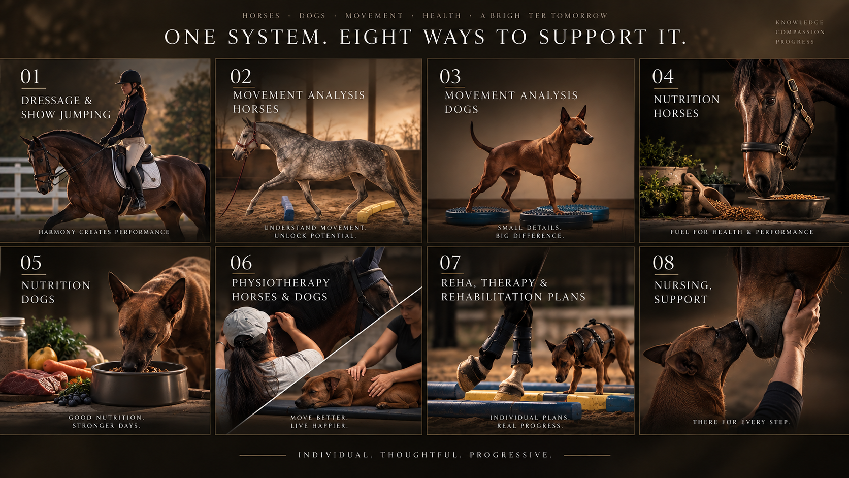One System. Eight Ways to Support It — Dressage and Show Jumping, Movement Analysis Horses, Movement Analysis Dogs, Nutrition Horses, Nutrition Dogs, Physiotherapy Horses and Dogs, Reha Therapy and Rehabilitation Plans, Nursing and Support